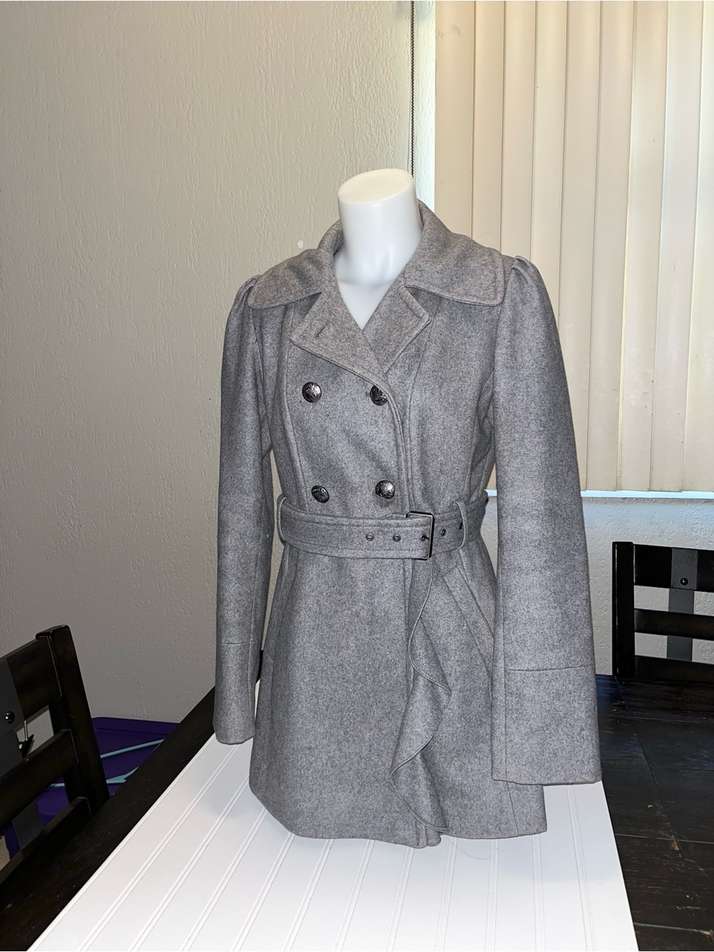 GUESS - Classic Gray Double-Wool-Blend Coat with Belt